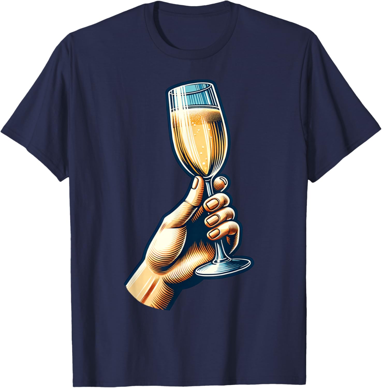 Hand Holding Champagne Glass Cheerful Toast Illustration T-Shirt - T-Shirt | Navy