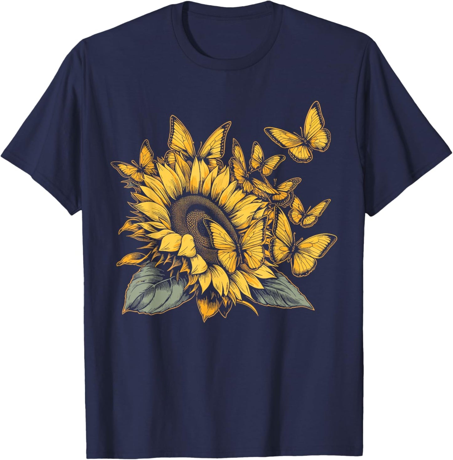 Cute Yellow Butterfly Sunflower Monarch Butterfly Nature T-Shirt - T-Shirt | Navy