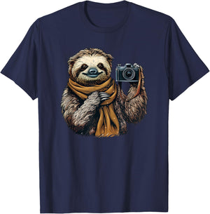 Sloth With A Camera - Sloth Lovers - Cute Sloth Photographer T-Shirt - T-Shirt | Navy