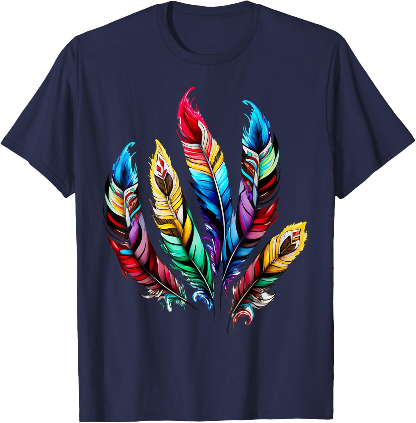 Colorful feathers boho ethnic style Indian bird pattern love T-Shirt - T-Shirt | Navy