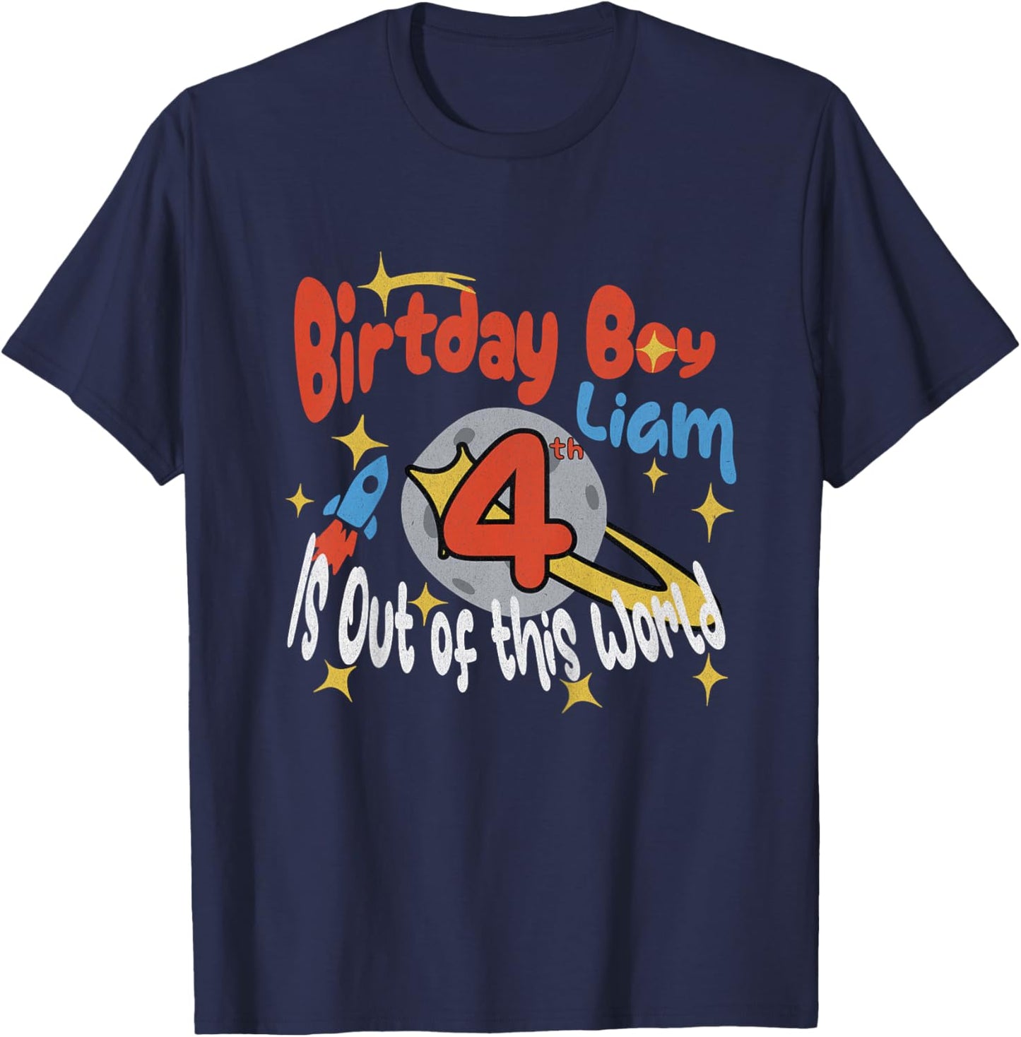 Kids Boys 4th Birthday Liam Space Birthday Boy Out of World T-Shirt - T-Shirt | Navy