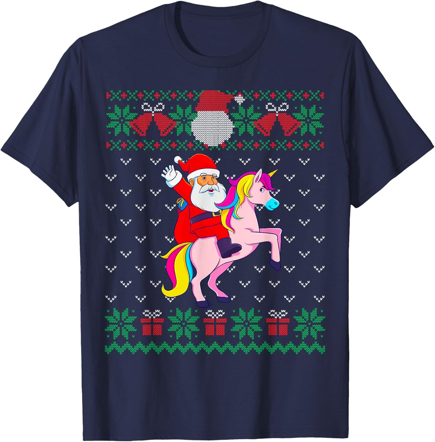 Santa Riding Unicorn, Ugly Christmas Sweater, Women Girls T-Shirt - T-Shirt | Navy