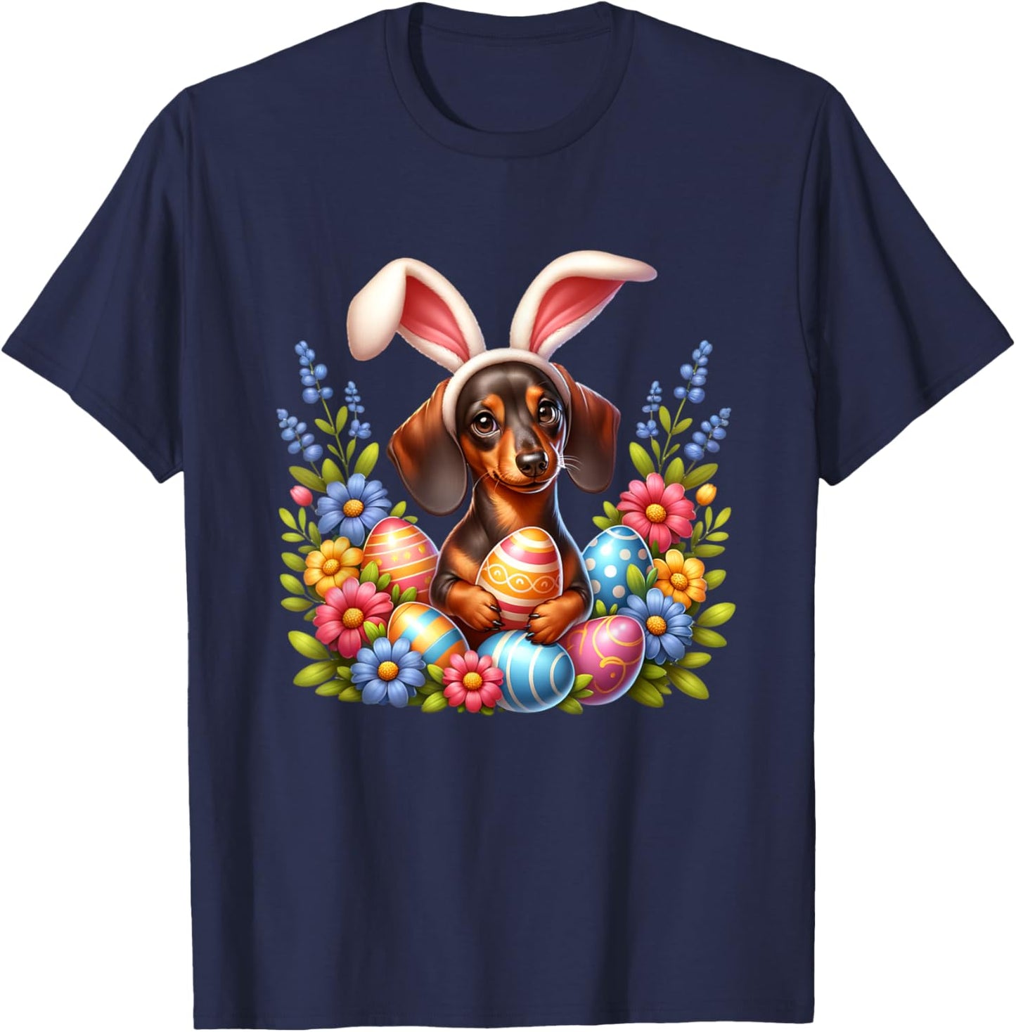 Dachshund Easter Dog Bunny Ears Easter Eggs Spring Flowers T-Shirt - T-Shirt | Navy