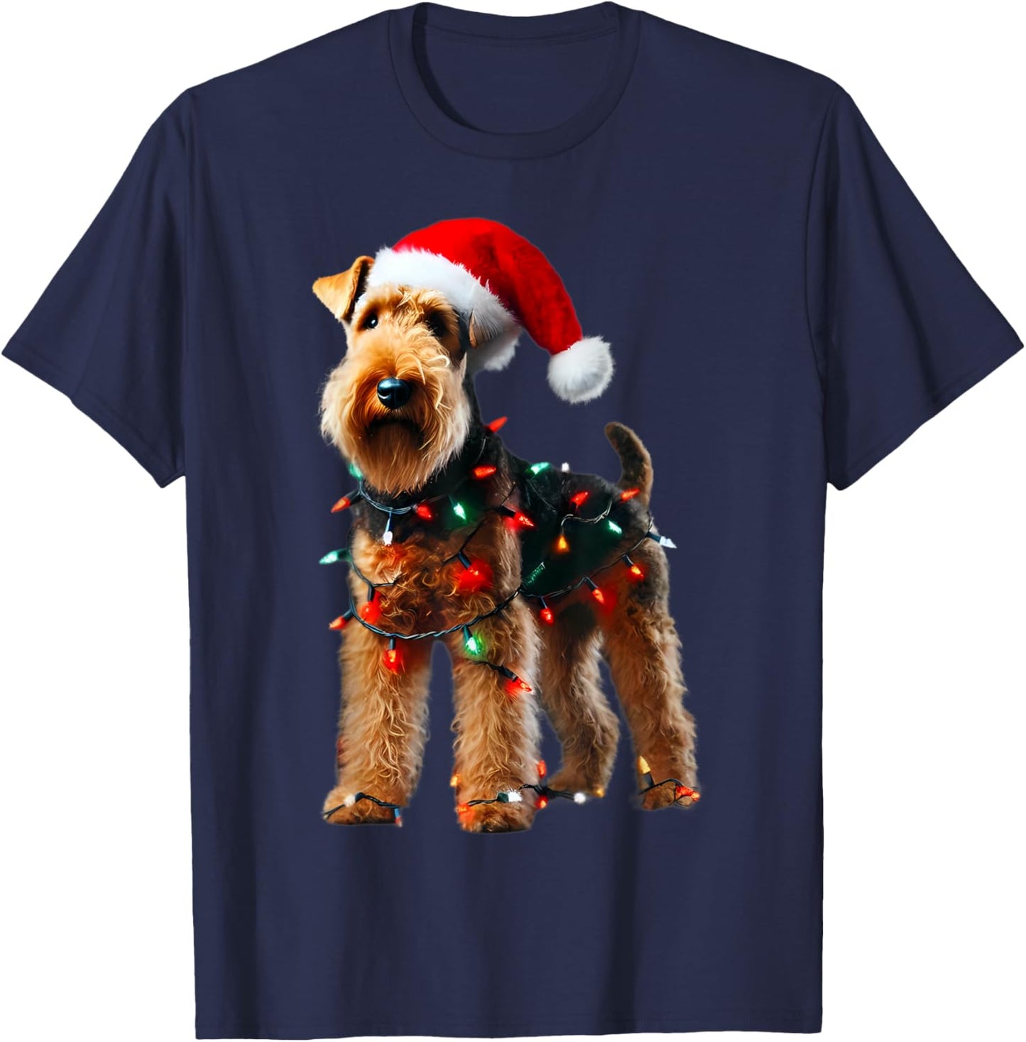 Welsh Terrier Santa Hat Christmas Lights Dog Owner Mom Dad T-Shirt - T-Shirt | Navy