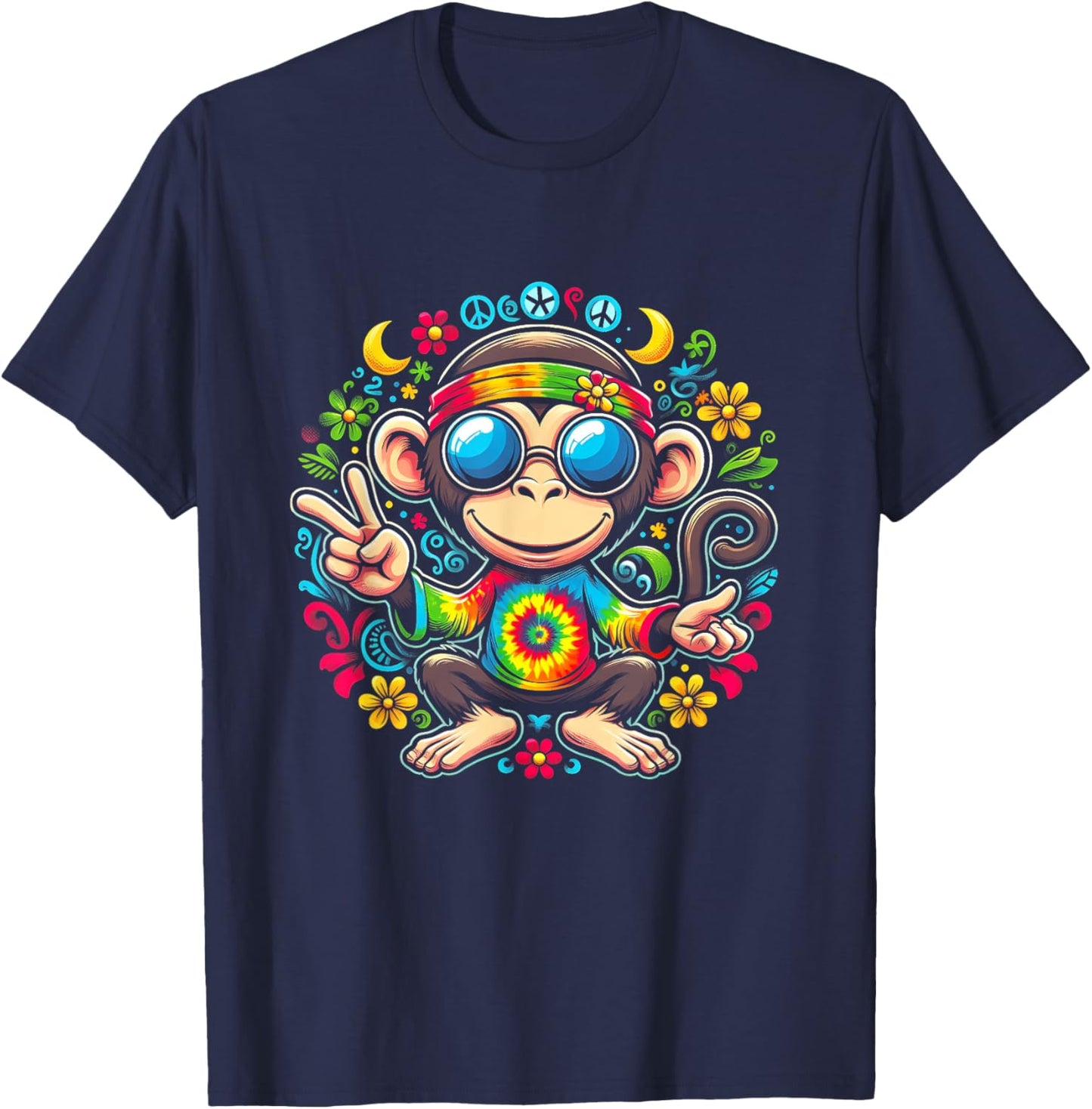 Monkey Peace Sign Tie Dye For Boys And Girl Hippie Colorful T-Shirt - T-Shirt | Navy