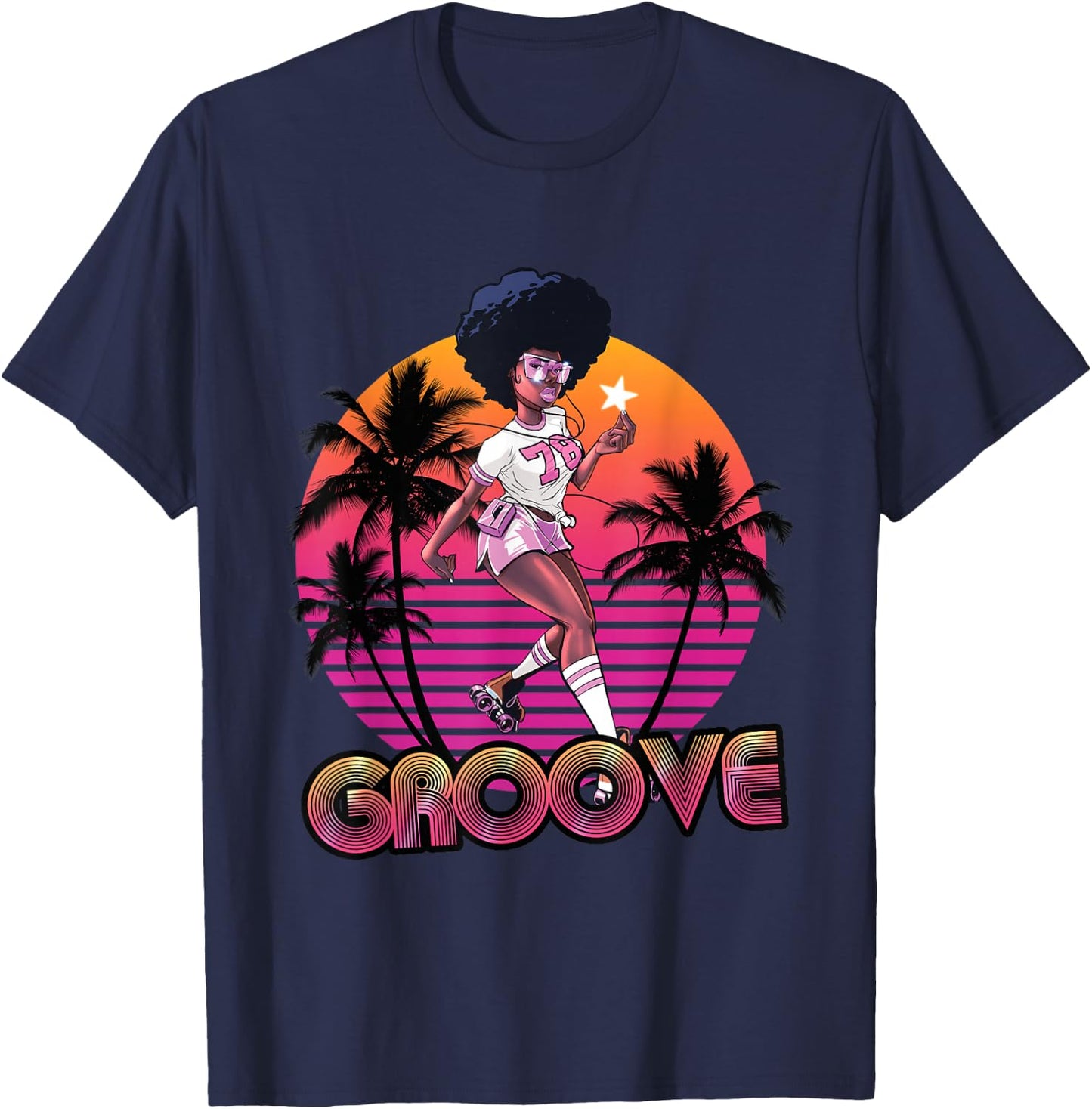 Afro Groove Roller Skates Retro 80s 70s Disco Funk Star T-Shirt - T-Shirt | Navy
