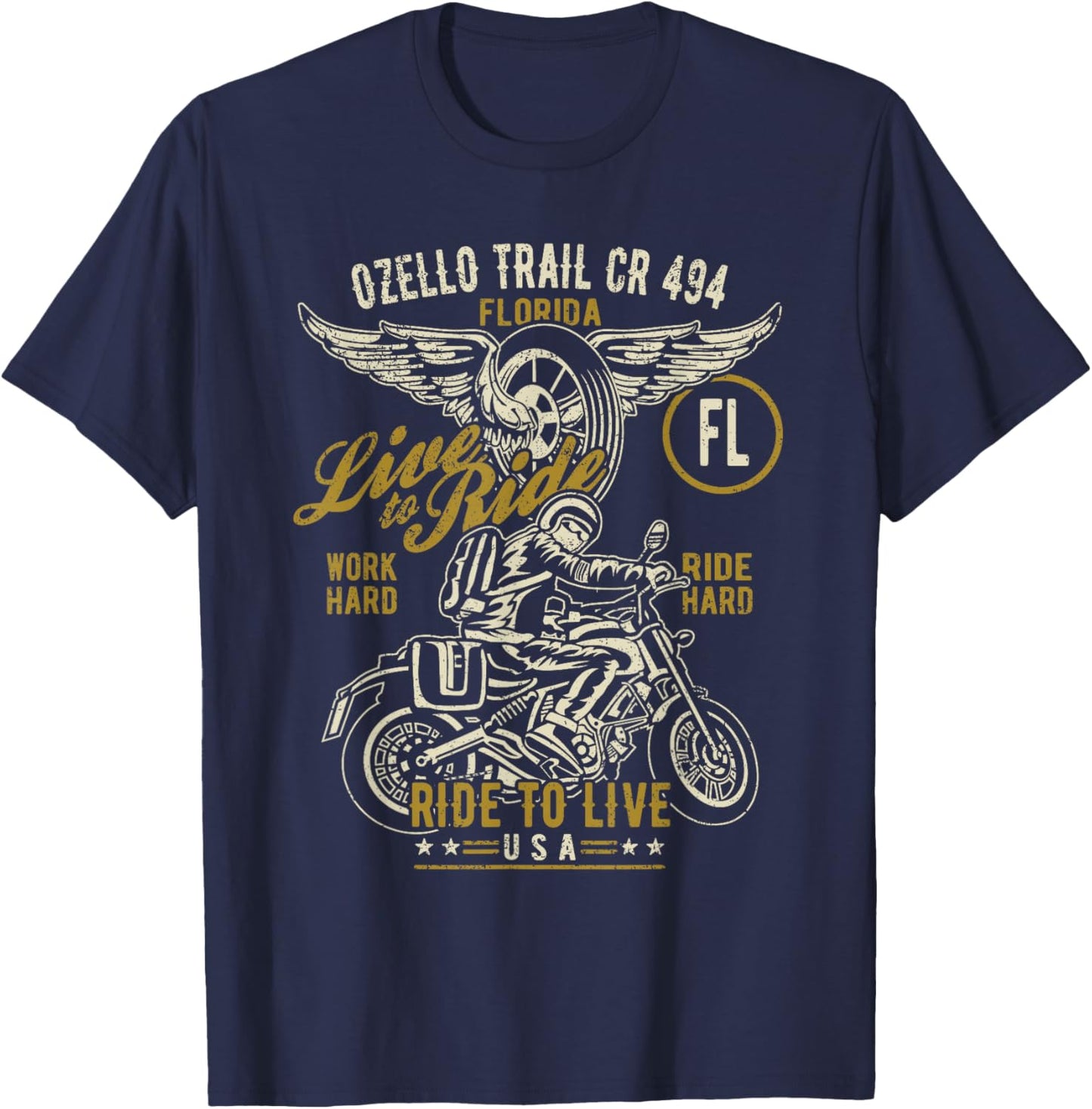 Ozello Trail CR 434 FL USA Motorcycle Distressed Design T-Shirt - T-Shirt | Navy