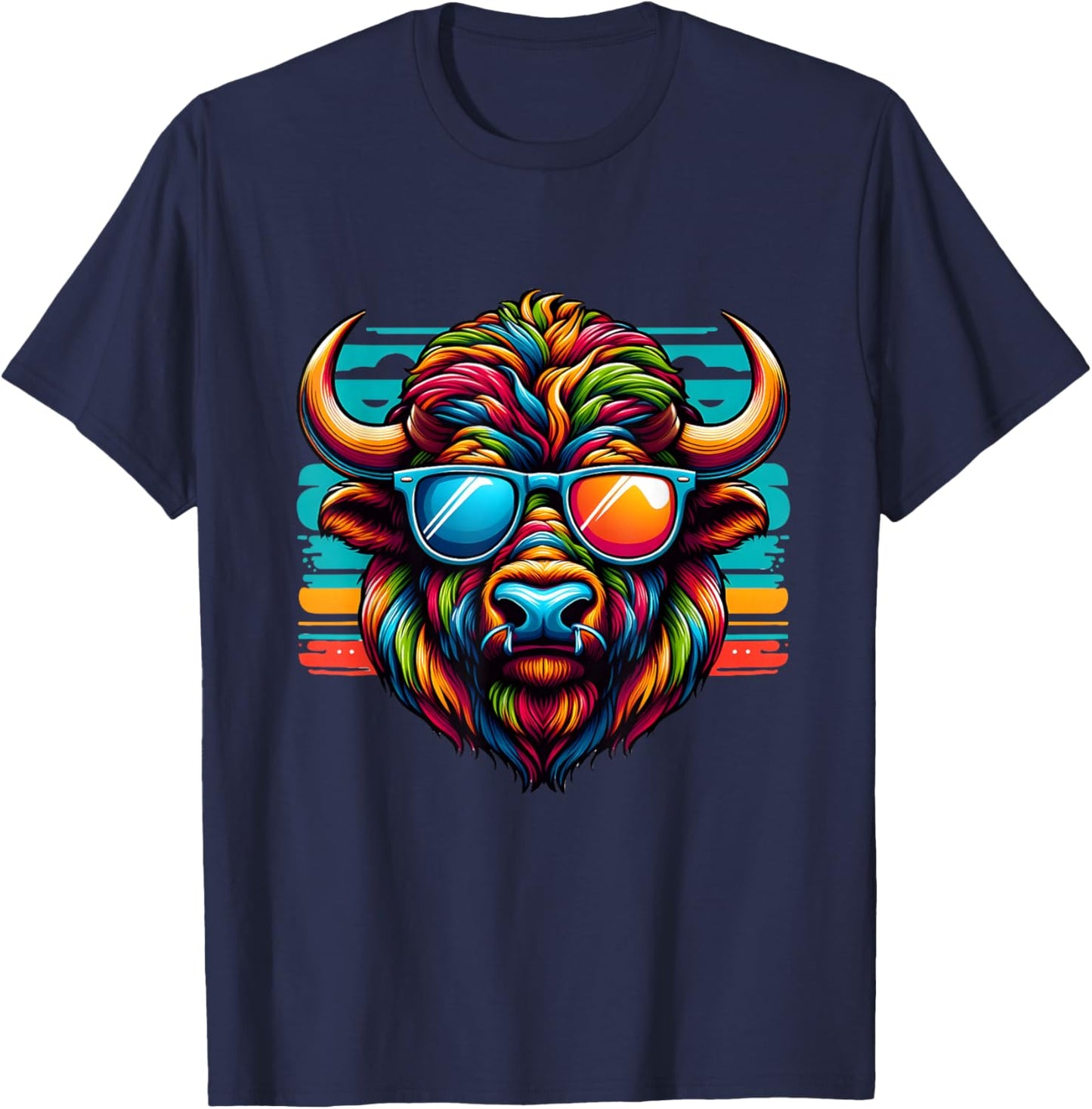Colorful Art Bison Buffalo Wearing Sunglasses Cheerful Color T-Shirt - T-Shirt | Navy