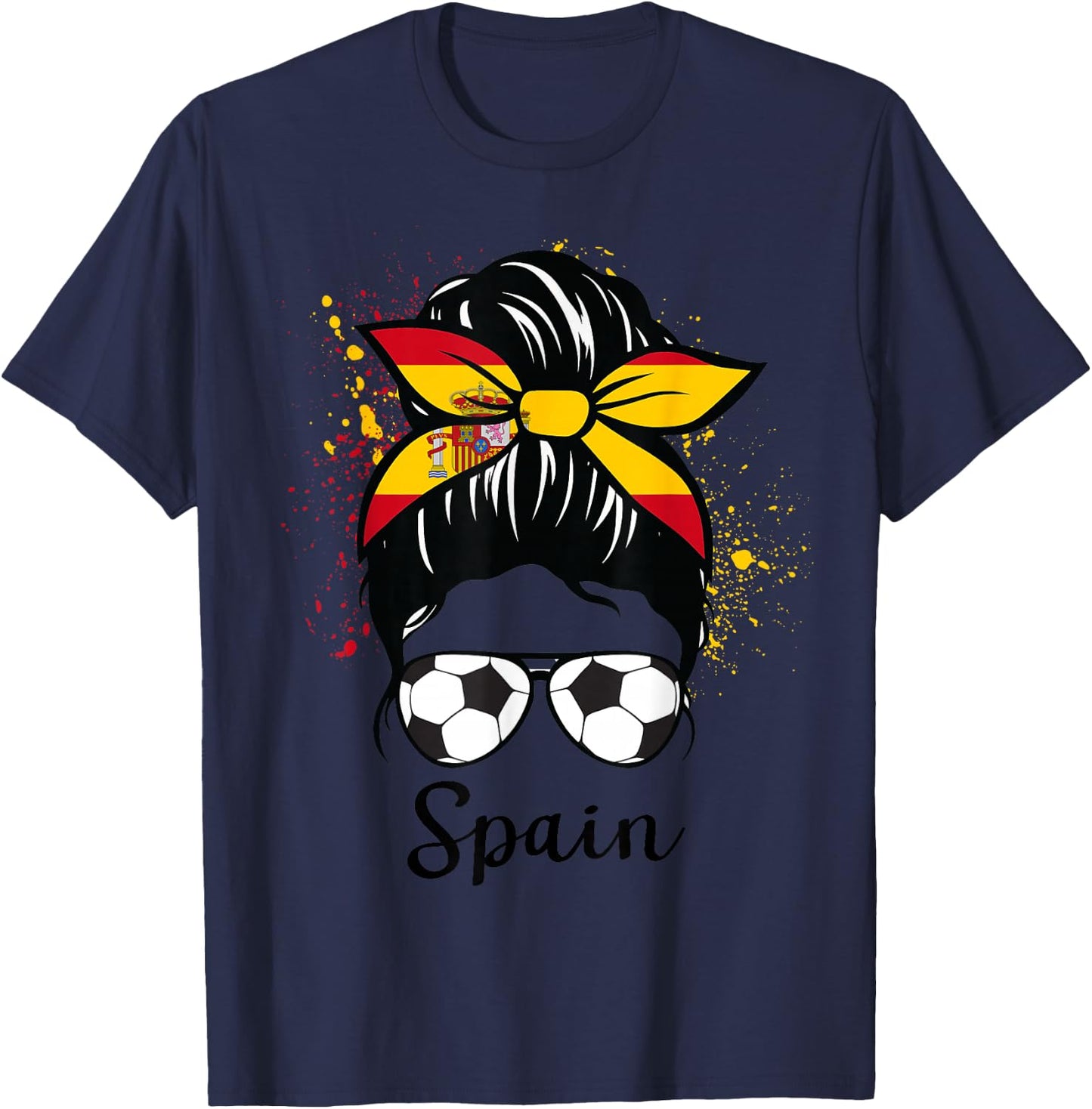 Spain Soccer Espana Flag Soccer Ball Messy Bun T-Shirt - T-Shirt | Navy