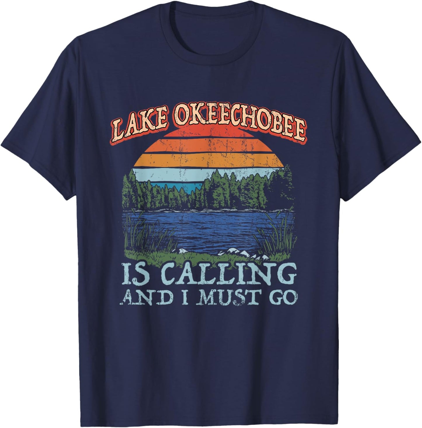 Fishing Boating Camping Retro Lake Vacation Lake Okeechobee T-Shirt - T-Shirt | Navy