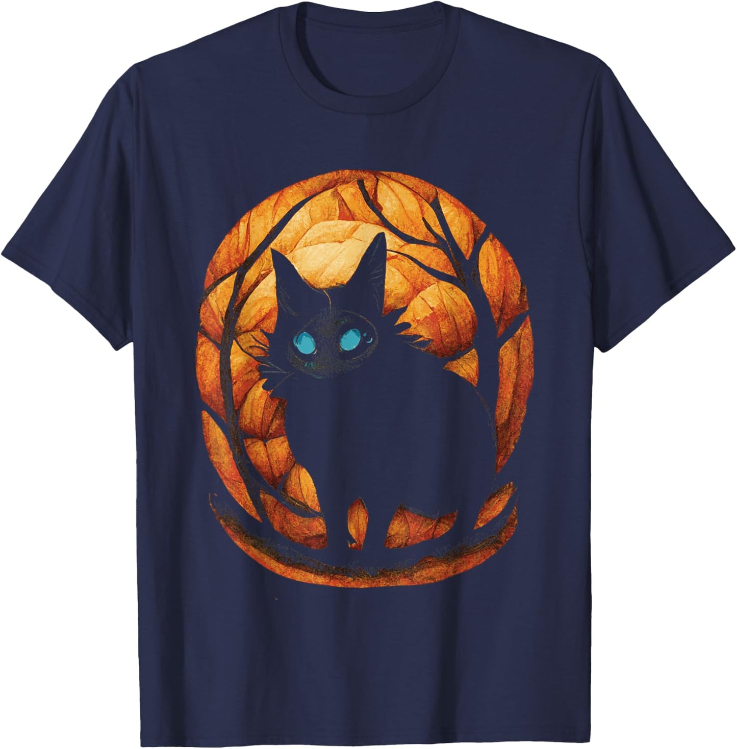 Creepy Black Cat in Magic Pumpkin Forest T-Shirt - T-Shirt | Navy