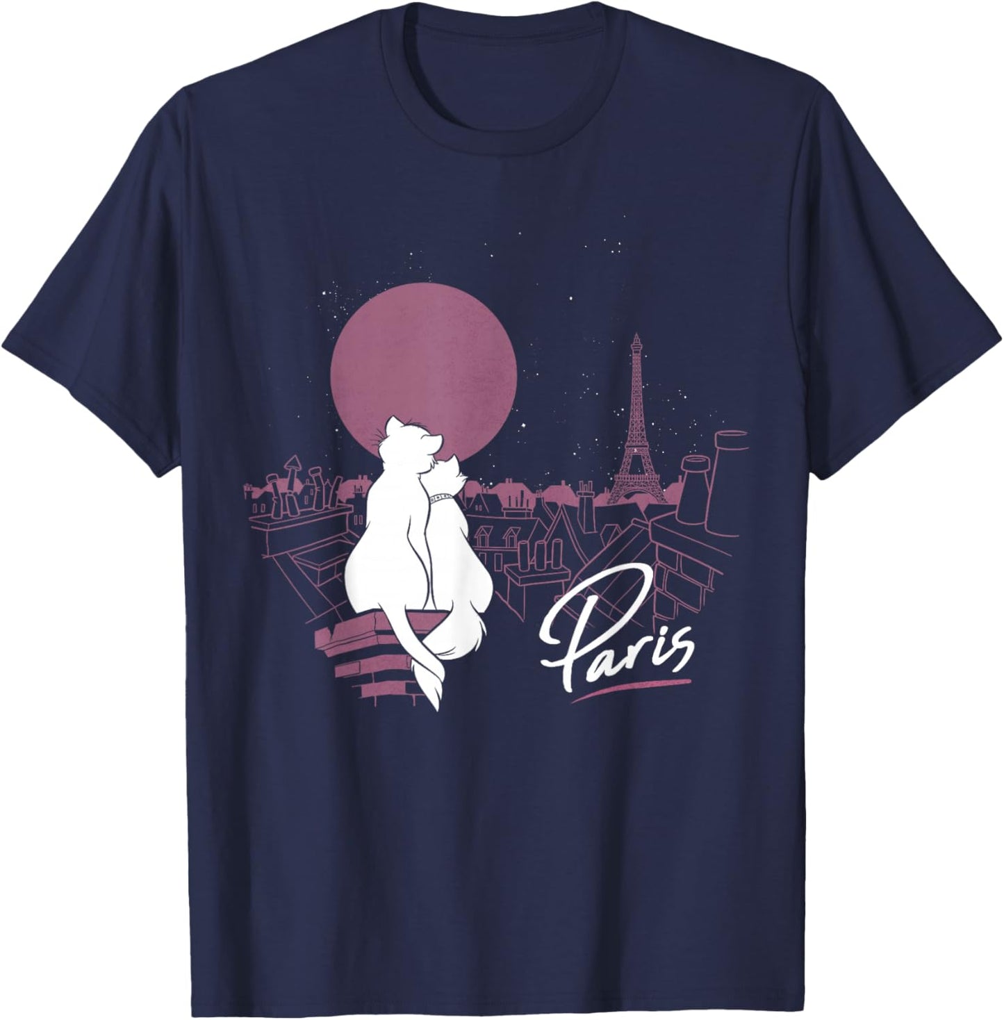 Disney The Aristocats Duchess And Thomas Paris by Moonlight , Black, S T-Shirt - T-Shirt | Navy