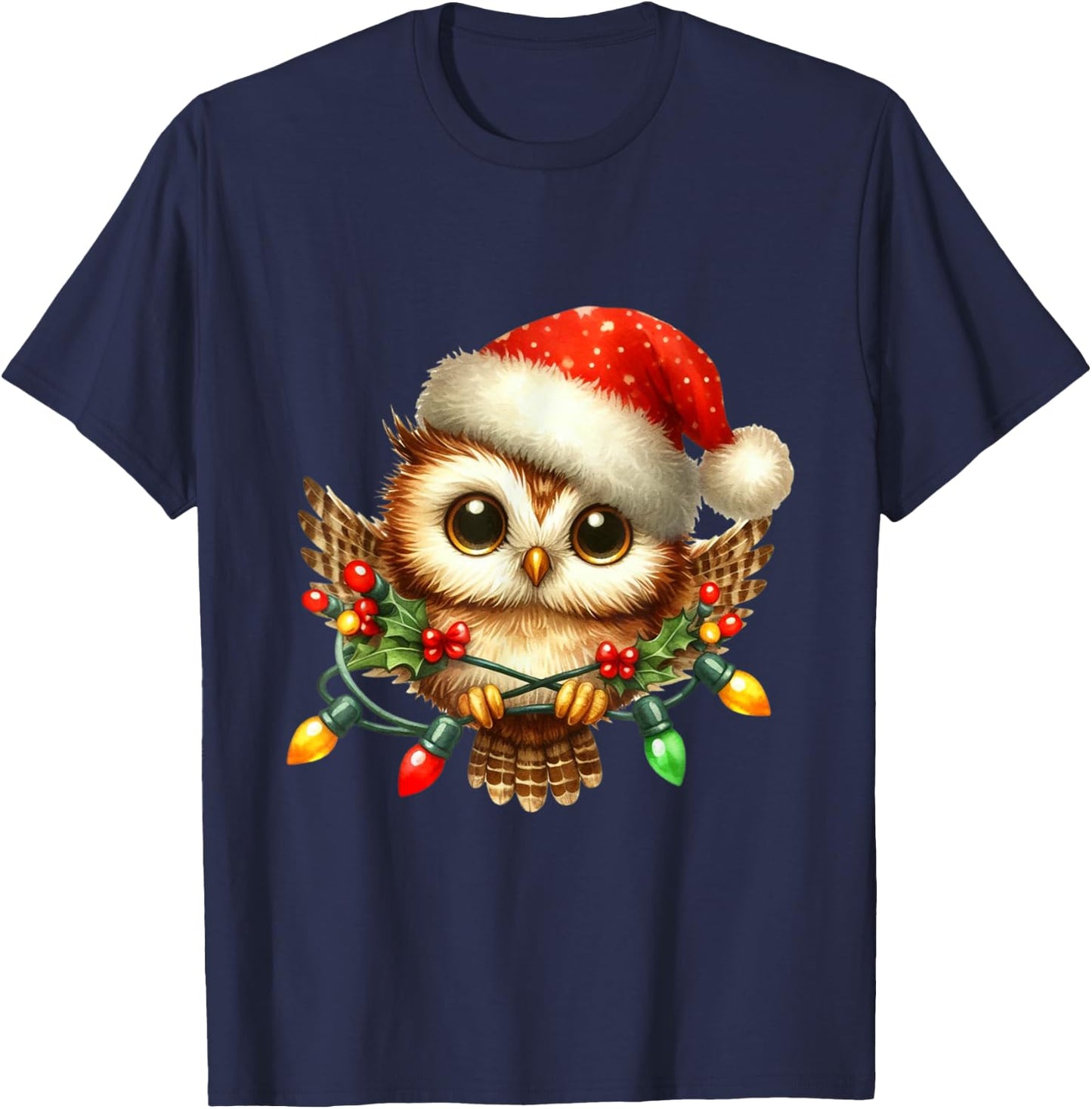 Owl Christmas Lights Santa Hat Xmas Owl Lover T-Shirt - T-Shirt | Navy