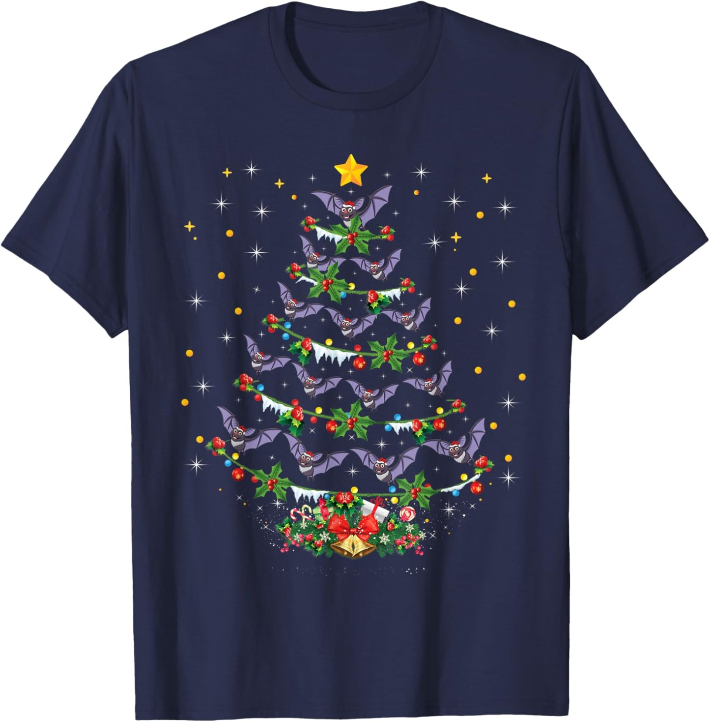 Funny Santa Bat Bird Xmas Gift Bat Christmas Tree T-Shirt - T-Shirt | Navy