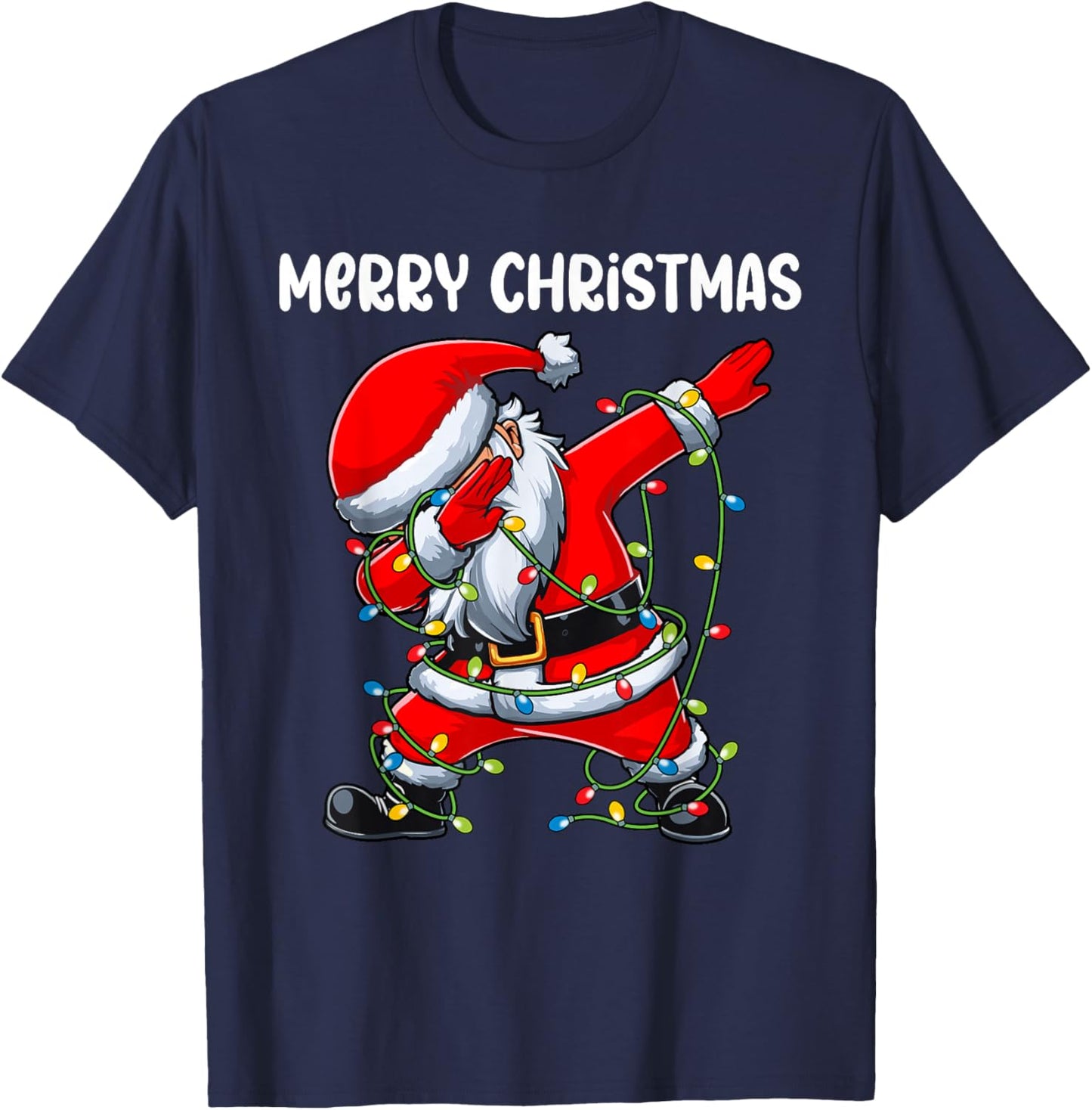 Santa Merry Christmas Lights Boys Girls Kids Dab Xmas T-Shirt - T-Shirt | Navy