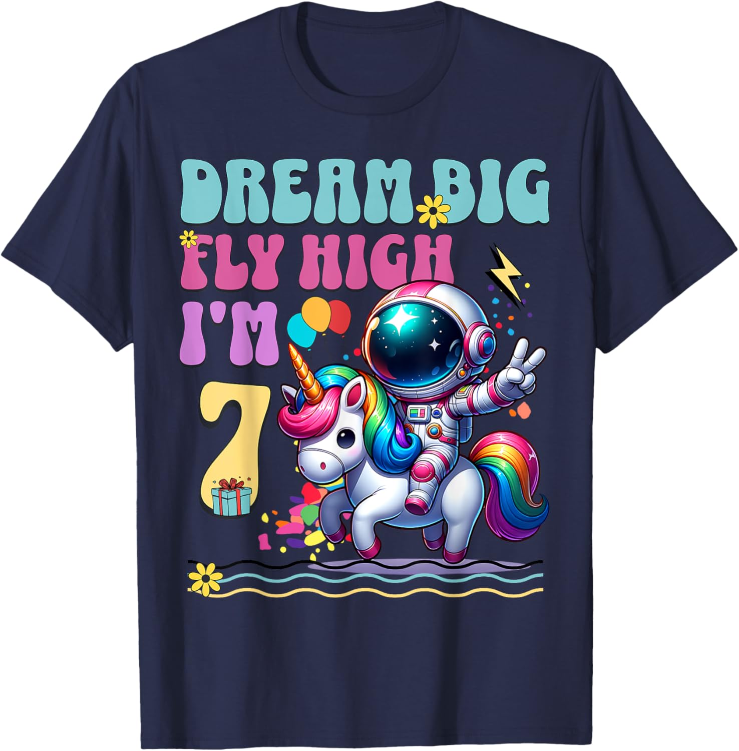 Astronaut Unicorn 7th Birthday 7 Years Space Galaxy T-Shirt - T-Shirt | Navy