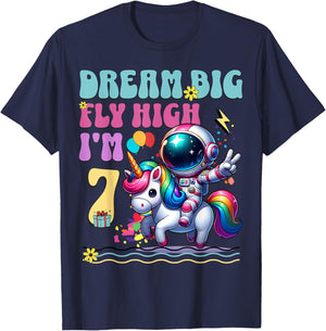 Astronaut Unicorn 7th Birthday 7 Years Space Galaxy T-Shirt - T-Shirt | Navy