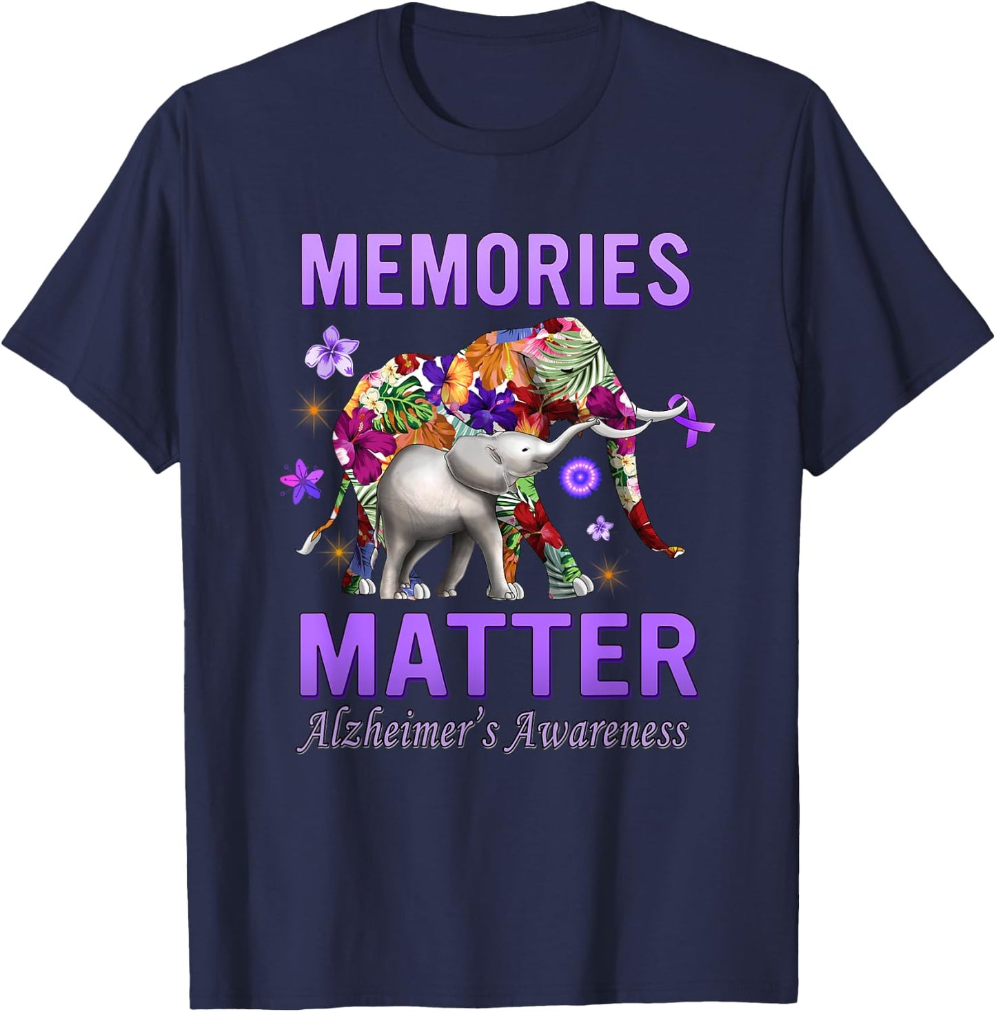 Alzheimers Awareness Memories Matter Purple Elephant T-Shirt - T-Shirt | Navy