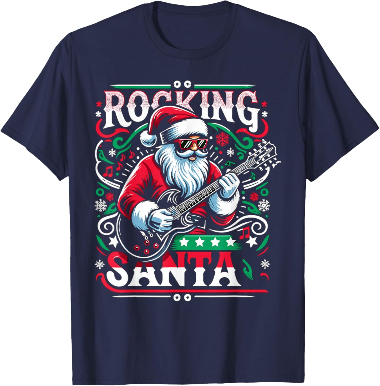 The Rocking Santa Christmas Rock Guitar Santa T-Shirt - T-Shirt | Navy