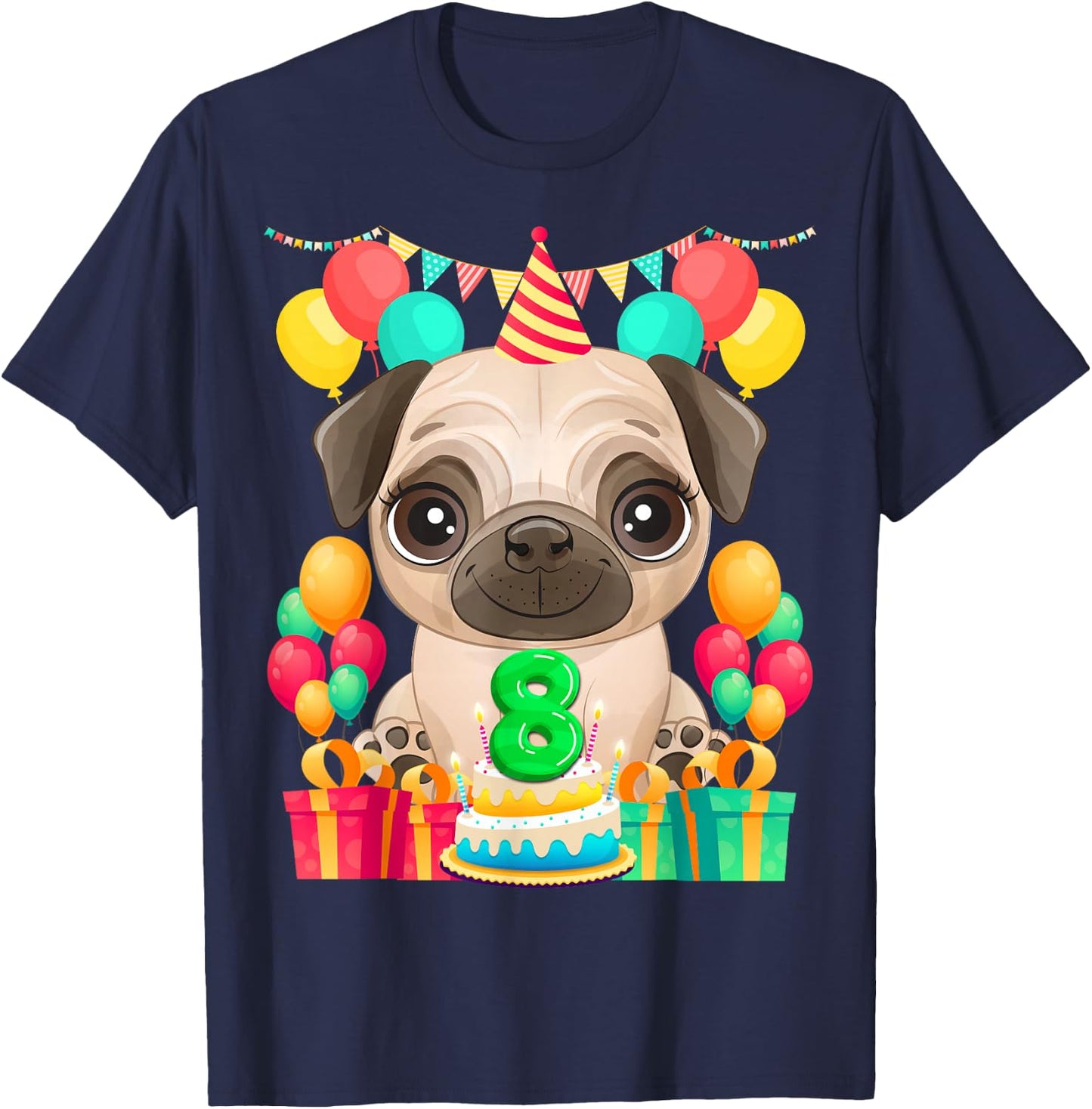 Pug 8th Birthday Gifts 8 Year Old Pug Lover Bday Presents T-Shirt - T-Shirt | Navy