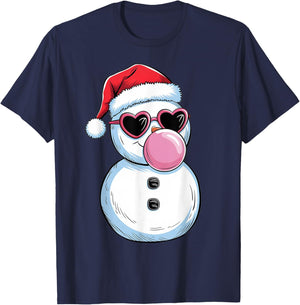 Retro Cool Snowman With Sunglasses Christmas Blowing Bubble T-Shirt - T-Shirt | Navy