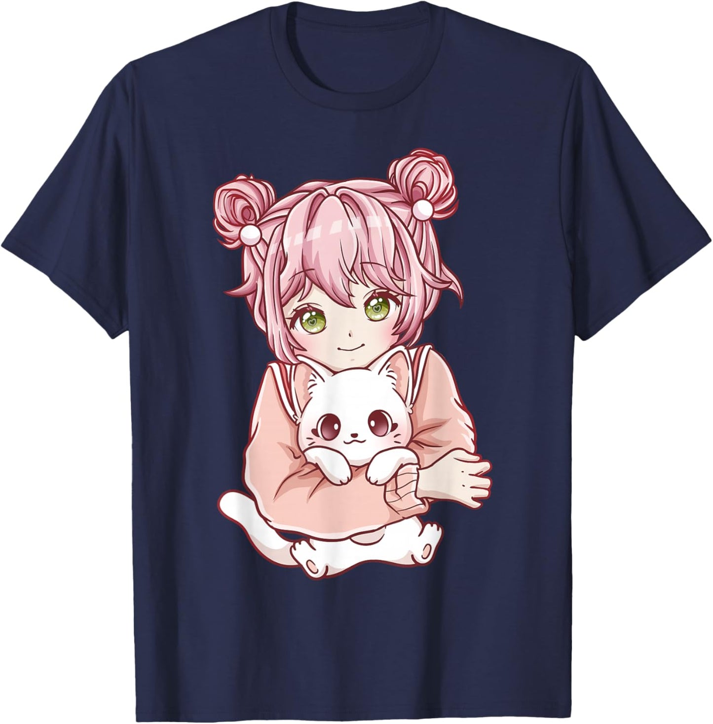 Anime Girl Cat Cats Kawaii T-Shirt - T-Shirt | Navy