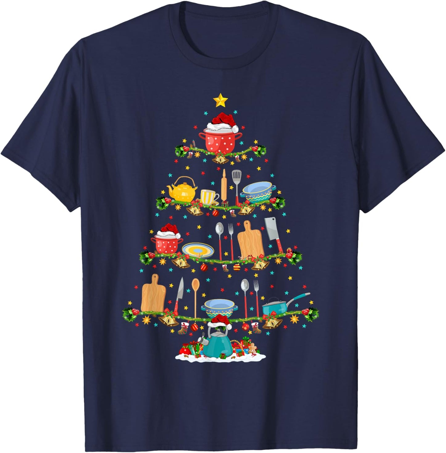 Cooking Lover Lights Xmas Santa Cooking Christmas Tree T-Shirt - T-Shirt | Navy
