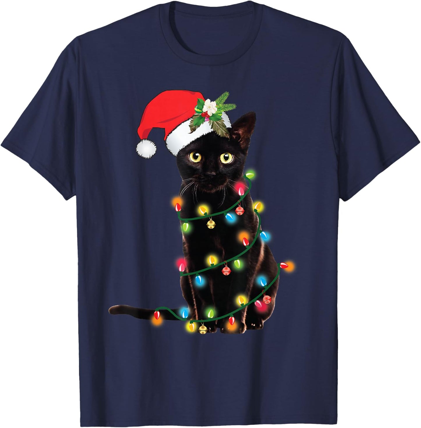 Santa Black Cat Tangled Up In Christmas Tree Lights T-Shirt - T-Shirt | Navy