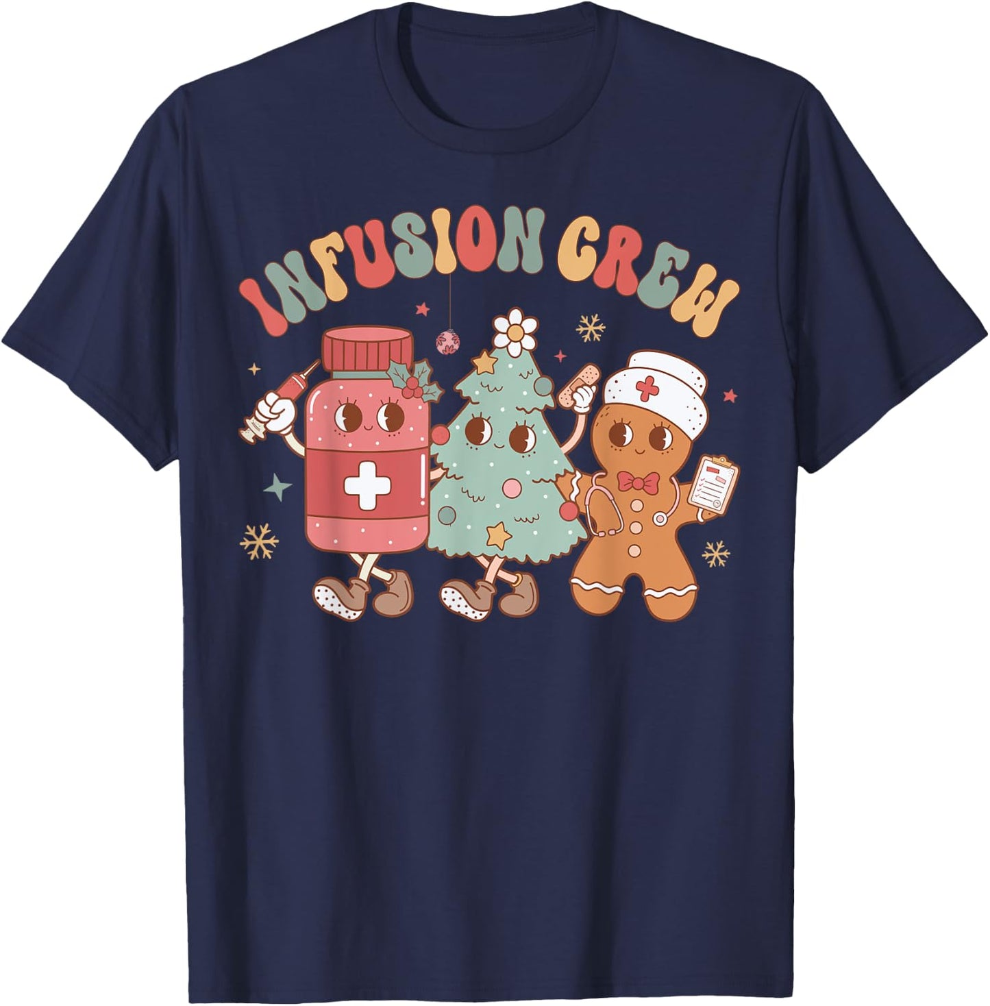 Infusion Nurse Crew Tree Gingerbread Christmas Nurse Retro T-Shirt - T-Shirt | Navy