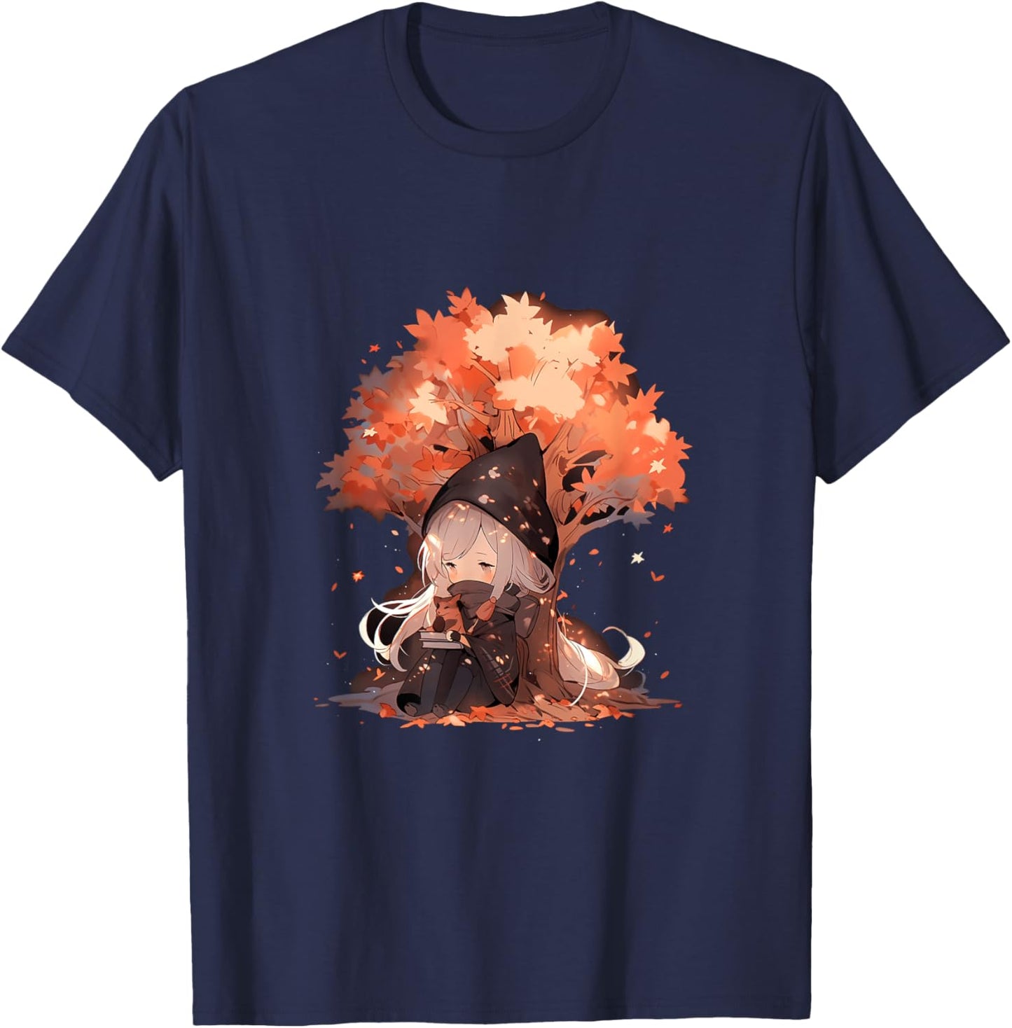 Chibi Girls Autumn Leaves Anime Kawaii Thanksgiving T-Shirt - T-Shirt | Navy