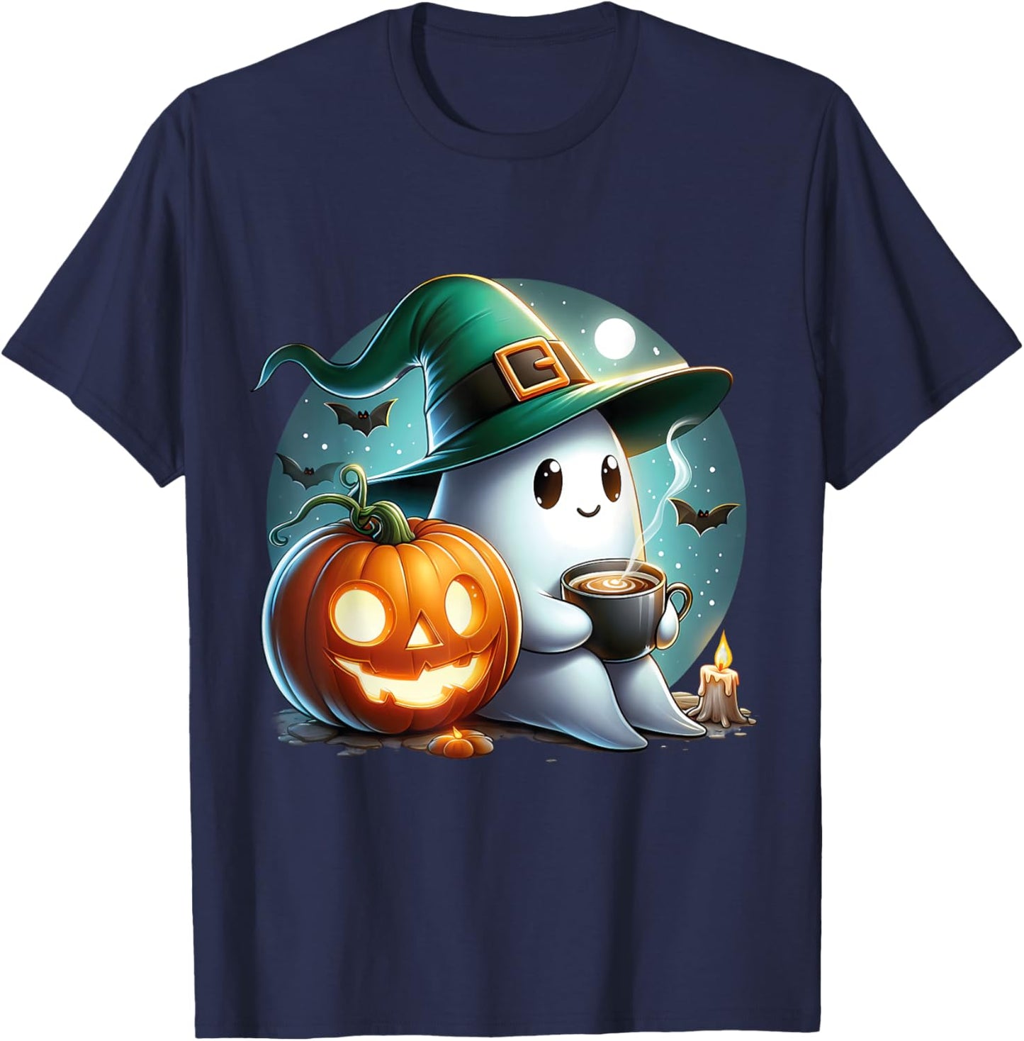 Cute Halloween Ghost Coffee Pumpkin T-Shirt - T-Shirt | Navy