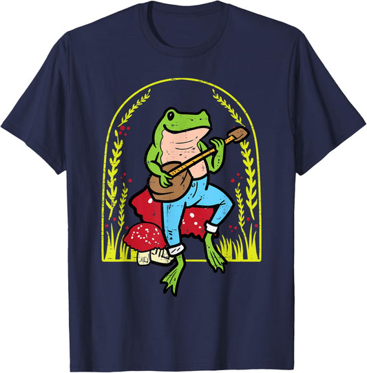 Frog Guitar On Mushroom Banjo Cottagecore Men Women Kids T-Shirt - T-Shirt | Navy