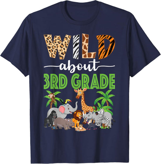 Wild About 3rd Grade Teacher Student Third Grade Zoo Safari Men Women Kids T-Shirt - T-Shirt | Navy