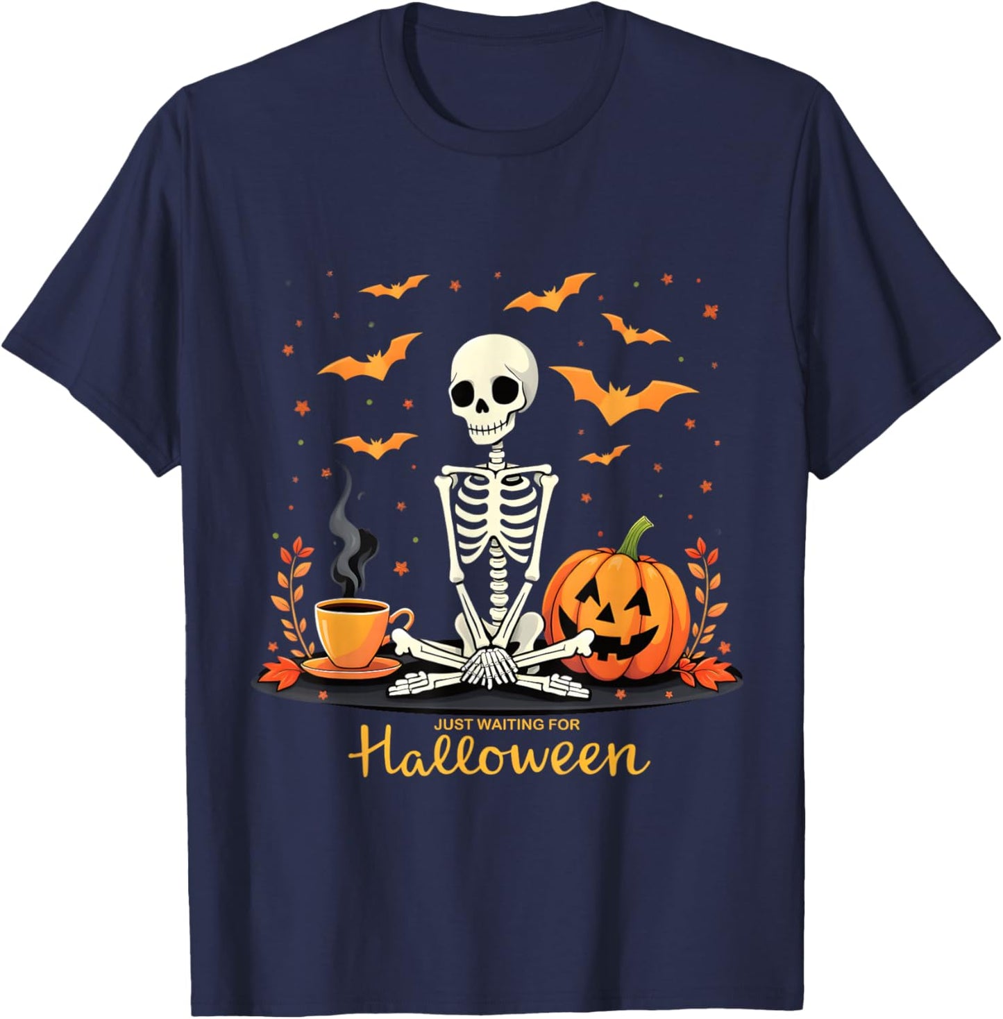 Just Waiting For Halloween Skeleton Fun T-Shirt - T-Shirt | Navy