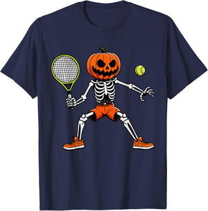 Halloween Tennis Pumpkin Head Skeleton Tennis Halloween T-Shirt - T-Shirt | Navy