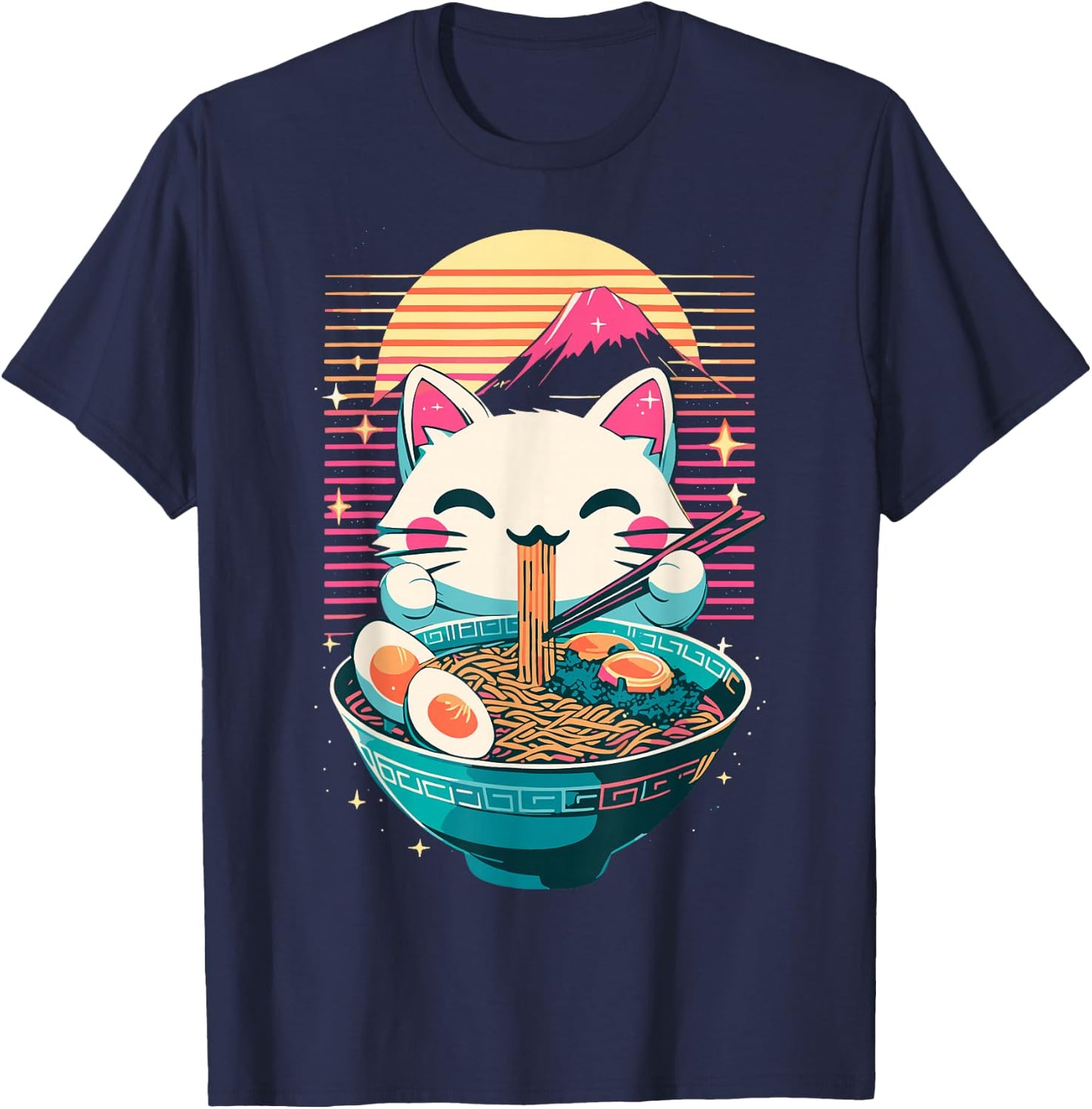 Anime Cat Eating Ramen Japanese Ramen Cat Japan T-Shirt - T-Shirt | Navy