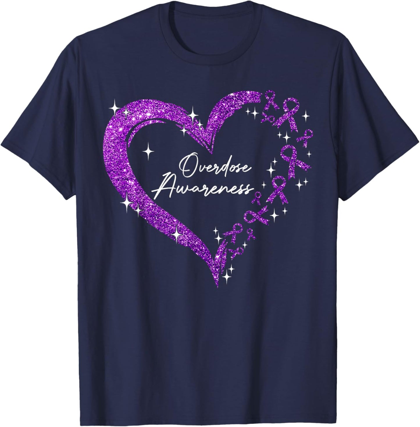 Overdose Awareness Purple Ribbon Drug Addiction Heart T-Shirt - T-Shirt | Navy