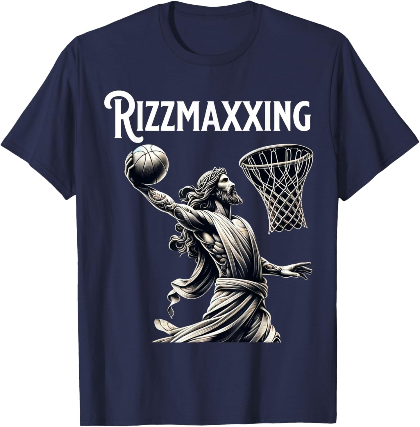 He is Rizzin Jesus Playing Basketball Funny Rizzmaxxing T-Shirt - T-Shirt | Navy
