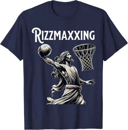 He is Rizzin Jesus Playing Basketball Funny Rizzmaxxing T-Shirt - T-Shirt | Navy