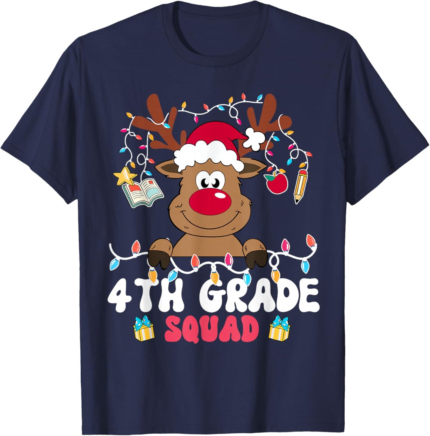 4th Grade Squad Reindeer Christmas Fourth Grade Teacher Xmas T-Shirt - T-Shirt | Navy