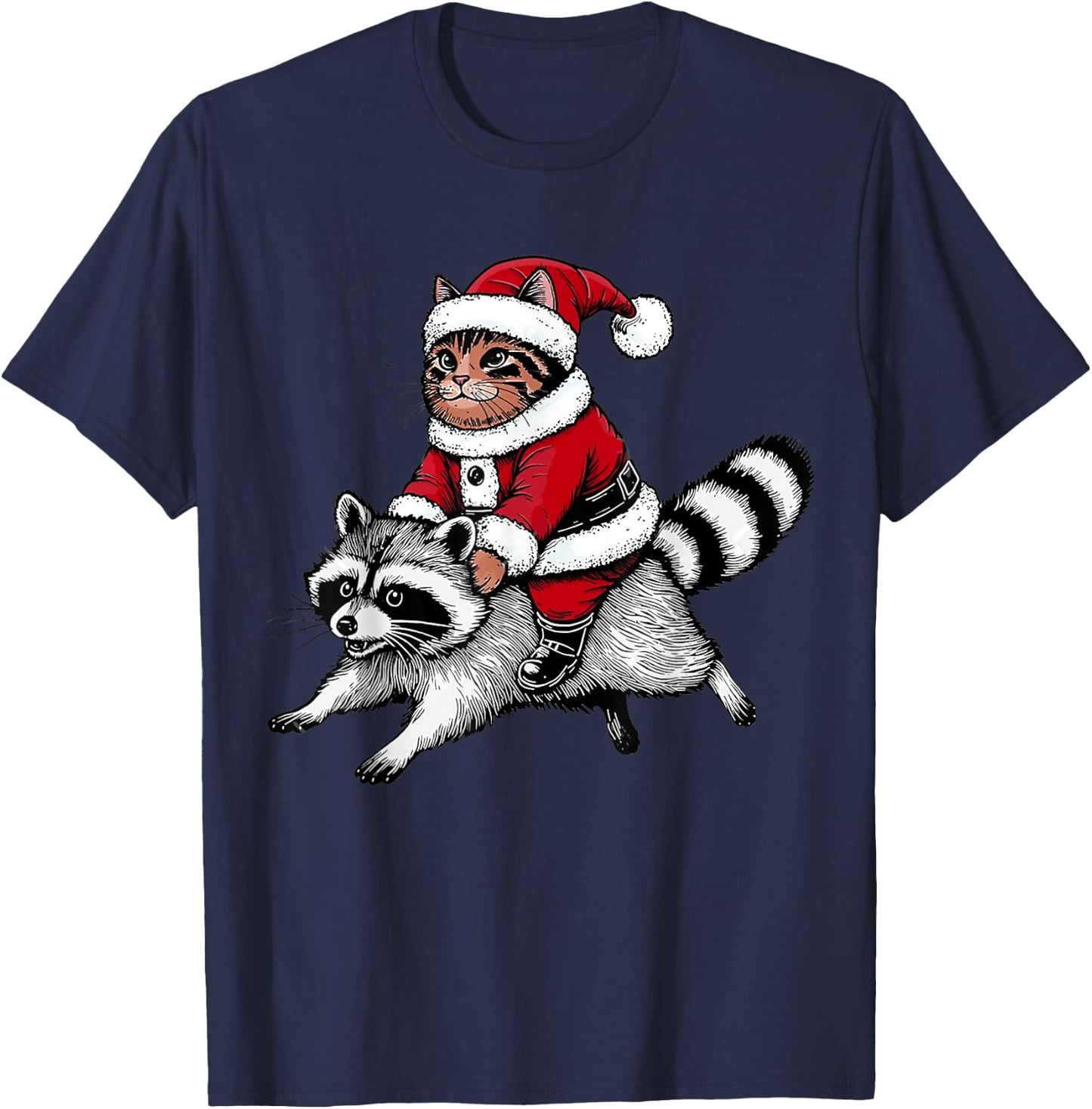 Santa Cat Riding A Raccoon Christmas Men Women Kids T-Shirt - T-Shirt | Navy