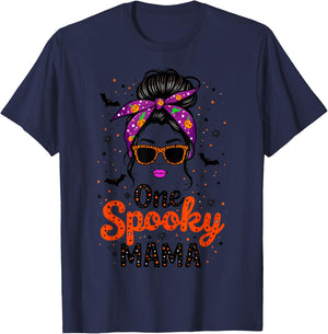 Funny One Spooky Mama Messy Bun Sunglasses Halloween T-Shirt - T-Shirt | Navy