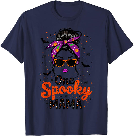 Funny One Spooky Mama Messy Bun Sunglasses Halloween T-Shirt - T-Shirt | Navy
