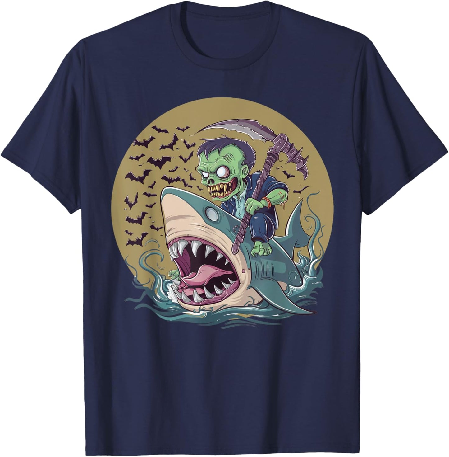 Funny Halloween Zombie Riding Shark Men Women Kid Girls Boys T-Shirt - T-Shirt | Navy