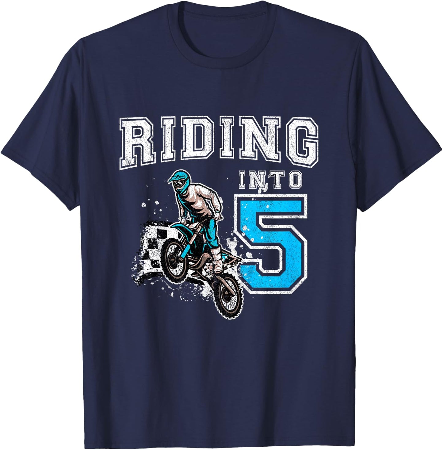 Kids Riding Into 5 Years Old 5th Birthday Boy Dirt Bike Party T-Shirt - T-Shirt | Navy