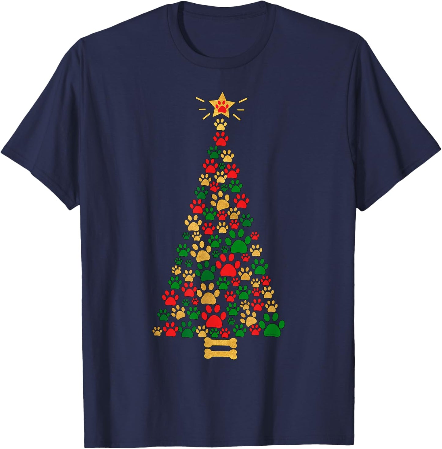 Dog Lovers Cute and Funny Dog Paws Prints Tree Christmas T-Shirt - T-Shirt | Navy