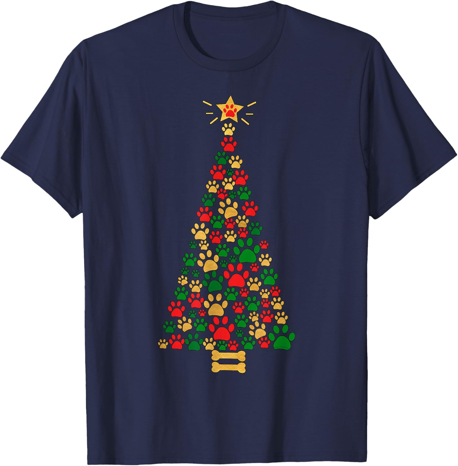Dog Lovers Cute and Funny Dog Paws Prints Tree Christmas T-Shirt - T-Shirt | Navy
