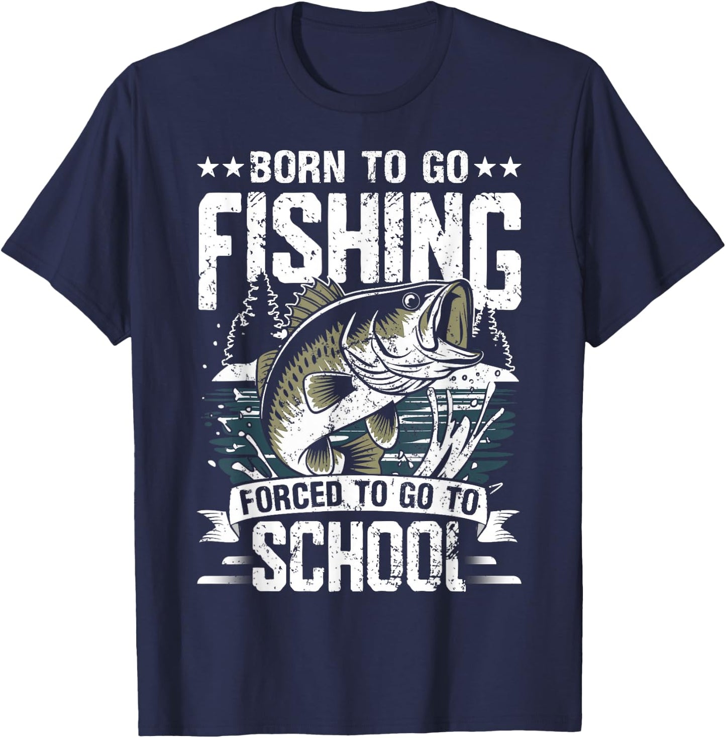 Teen Boys Fishing Shirt Forced to Go to School Bass Fish T-Shirt - T-Shirt | Navy