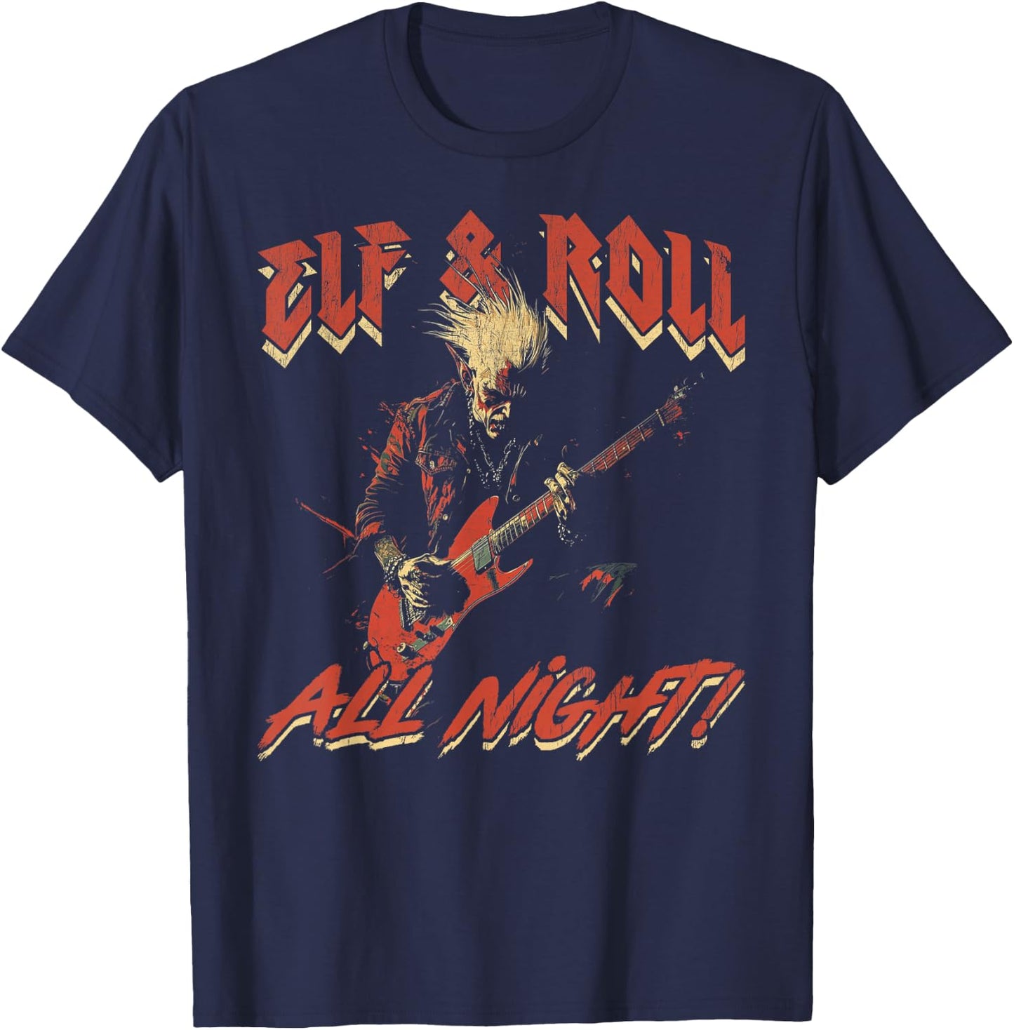 Elf & Roll All Night Rockin' Christmas Elf Music T-Shirt - T-Shirt | Navy