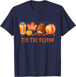 Tis' The Season Leopard Pumpkin Football Halloween Fall T-Shirt - T-Shirt | Navy